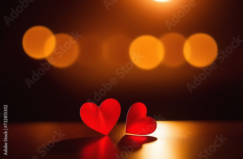 Close up of two red hearts on mirrored surface against defocused lights