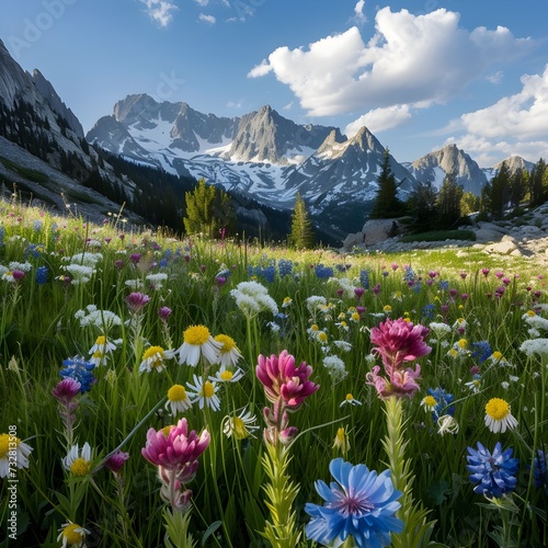Beautiful alpine meadow with wildflowers and mountains in background.  © rob3rt82
