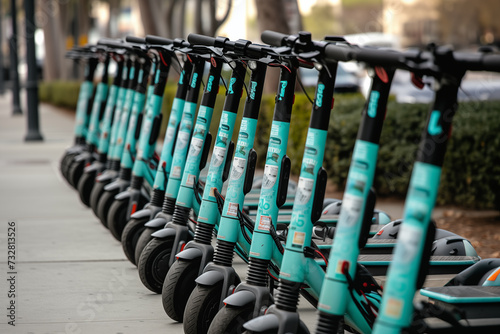 Row of electric scooters for rent lined up on city sidewalk photo