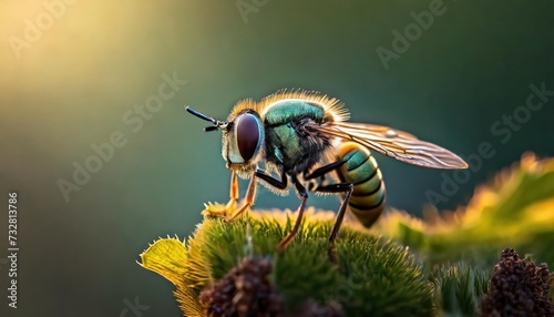 Macro shots, Beautiful nature scene. Closeup beautiful Housefly sitting on the flower in a summer garden. © blackdiamond67