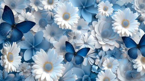 background adorned with a delightful pattern of 3D blue butterflies and elegant white floral blossoms