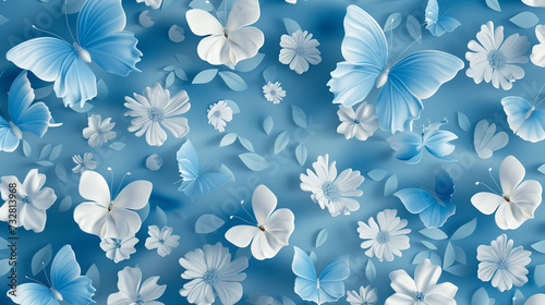 background featuring a mesmerizing display of 3D blue butterflies intertwined with graceful white floral flowers