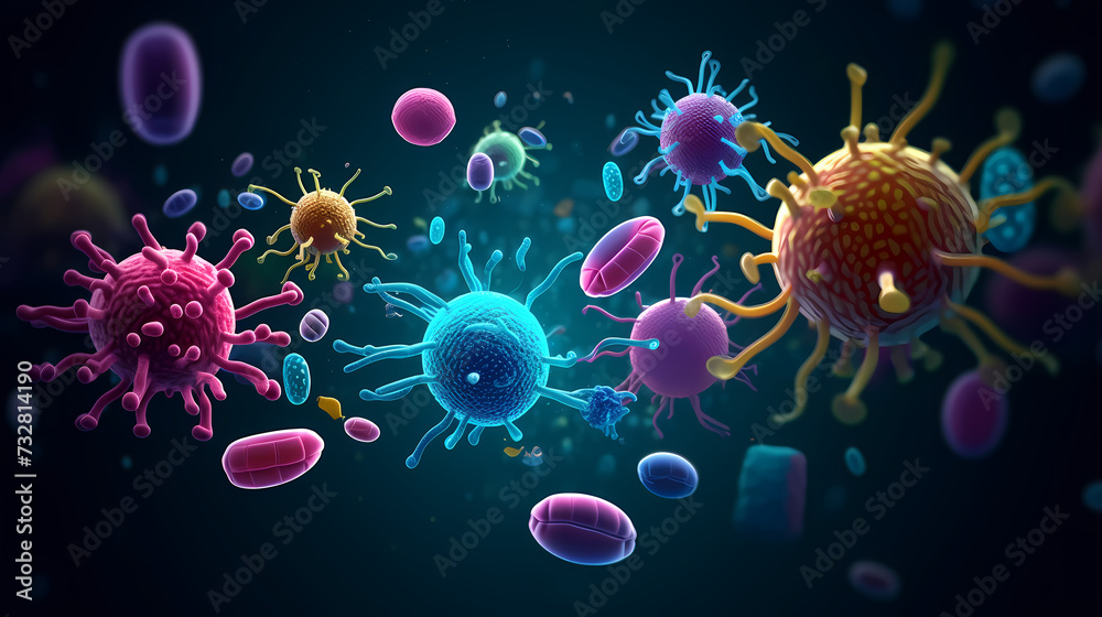 Various shapes of bacteria, probiotics under microscope, science, medicine concept background Various shapes of bacteria, probiotics under microscope, science, medicine concept background