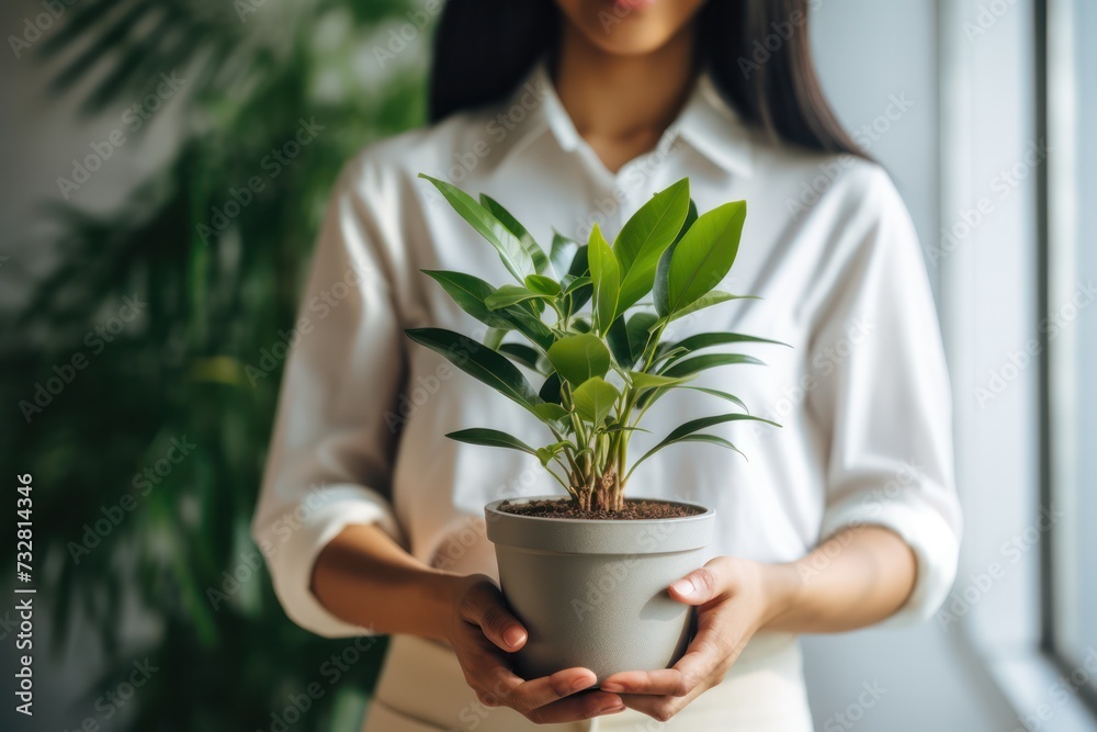 Houseplant in hands closeup .Young woman taking care of green house plants at home. Millennial person holding potted plant. Gardening urban jungle hobby Houseplant in hands closeup .Young woman taking care of green house plants at home. Millennial person holding potted plant. Gardening urban jungle hobby