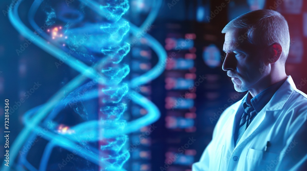 scientist researcher looking at results of dna analysis profiling test. Preventive care. Applied science research. Genetic disorders diagnostics and prevention. scientist researcher looking at results of dna analysis profiling test. Preventive care. Applied science research. Genetic disorders diagnostics and prevention.