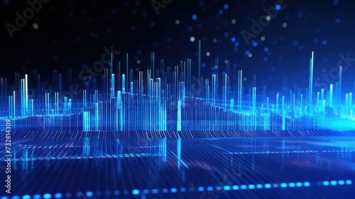 data visualization hi-tech futuristic illustration  horizontal banner   in blue neon color palette with dots connected on black background. Crypto trading.	