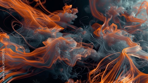 Vivid orange and yellow swirls dance on a dark backdrop in an abstract display