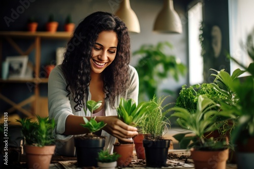 Young diverse woman taking care of green house plants at home. Millennial person holding potted plant. Gardening urban jungle hobby