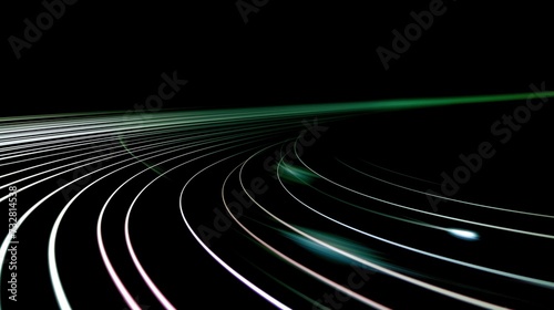 Graceful green lines flow over black, suggesting digital pathways or streams of light