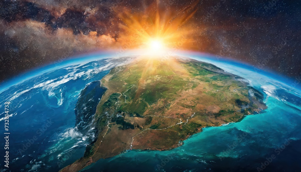 Fototapeta premium panoramic view of the earth sun star and galaxy sunrise over planet earth, view from space