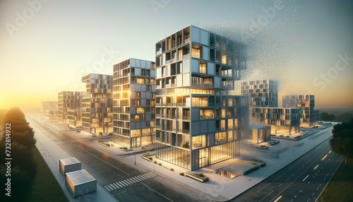 Futuristic prefabricated buildings in golden hour disintegrating into digital dust.