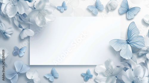 a blank postcard template embraced by a mesmerizing display of 3D blue butterflies and delicate white flowers photo