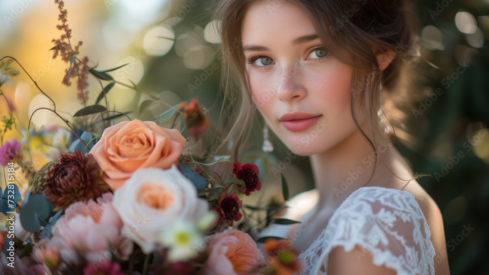 With a focus on the young woman's face and her vibrant autumn flower bouquet, the close-up portrait beautifully captured her natural beauty and the essence of the season's florals With a focus on the young woman's face and her vibrant autumn flower bouquet, the close-up portrait beautifully captured her natural beauty and the essence of the season's florals