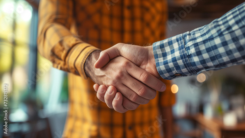 Close-up view of a firm handshake between two individuals in casual attire, symbolizing a personal or business agreement in a relaxed setting. photo
