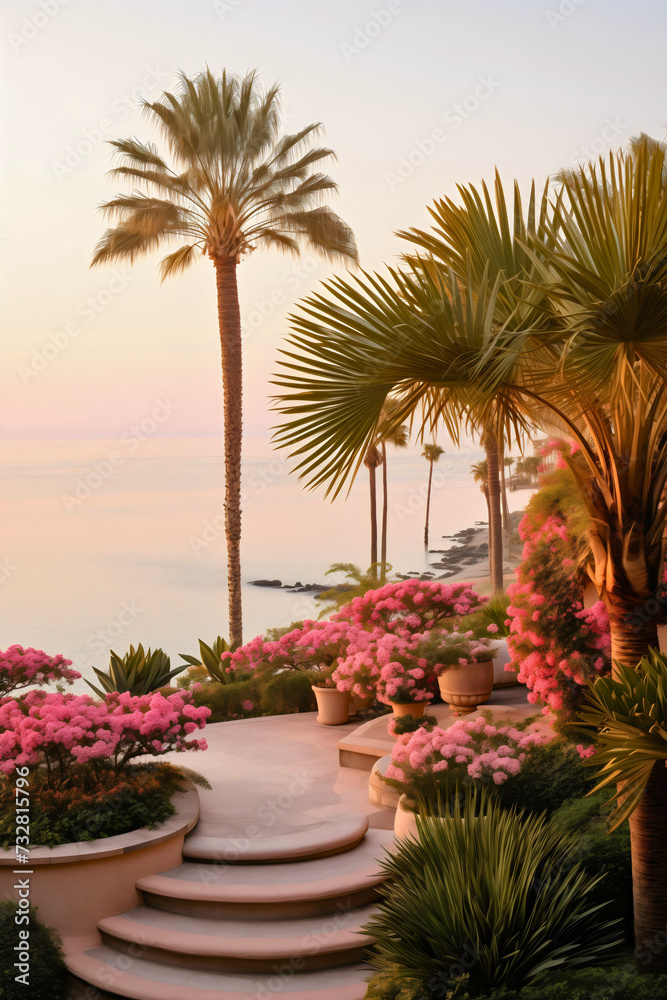 Tropical resort landscape at the summer sunset, terrace with vibrant flowers and palm trees, hotel resort patio outdoors, villa yard in an idyllic paradise seascape park, no people, nobody