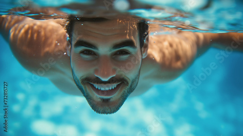 Closeup of a handsome young man with a beard, diving underwater in the swimming pool, smiling and looking at the camera. Male model summer leisure activities, happy vacation relaxation outdoors