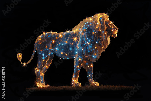A sparkling golden silhouette of a lion on a black background. The symbol of the zodiac sign is leo. Ai generative.