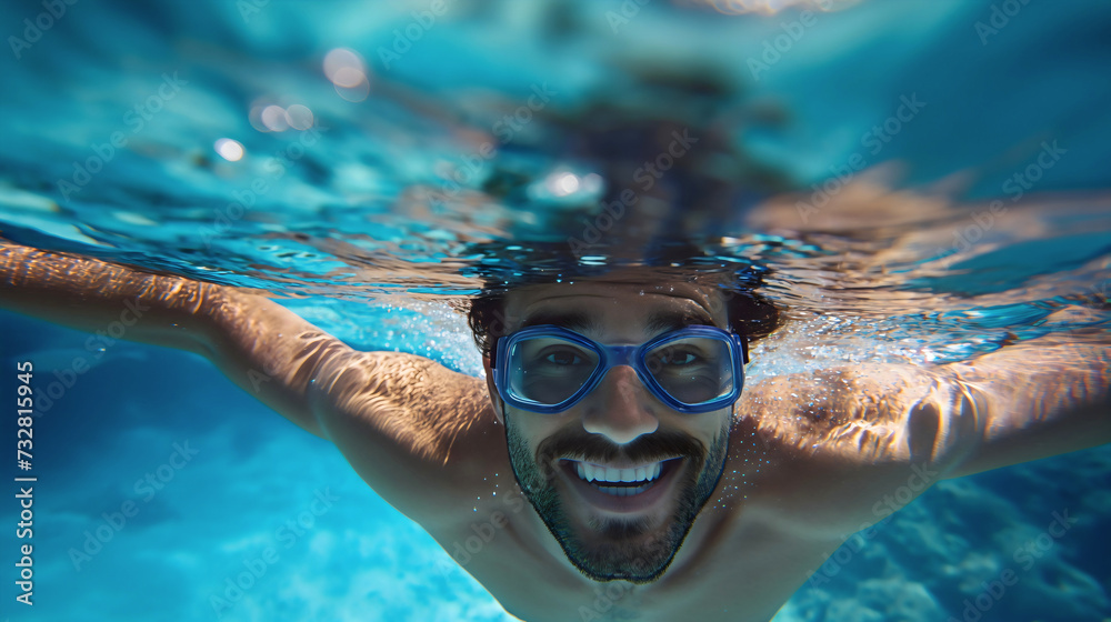 Fototapeta premium Closeup of a handsome young man with a beard, diving underwater in the swimming pool, smiling and looking at the camera. Male model summer leisure activities, happy, wearing goggles