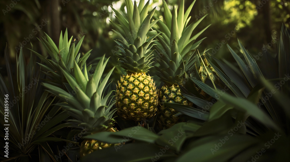 Group of whole organic tropical pineapple ananas plant tree fruit, raw vegan diet sweet desert food, exotic tasty vegetarian nutrition freshness, surrounded by leaves in nature Group of whole organic tropical pineapple ananas plant tree fruit, raw vegan diet sweet desert food, exotic tasty vegetarian nutrition freshness, surrounded by leaves in nature