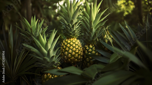 Group of whole organic tropical pineapple ananas plant tree fruit  raw vegan diet sweet desert food  exotic tasty vegetarian nutrition freshness  surrounded by leaves in nature