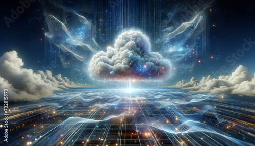 Ethereal cloud structure with shimmering data points and streams of light for cloud analytics.