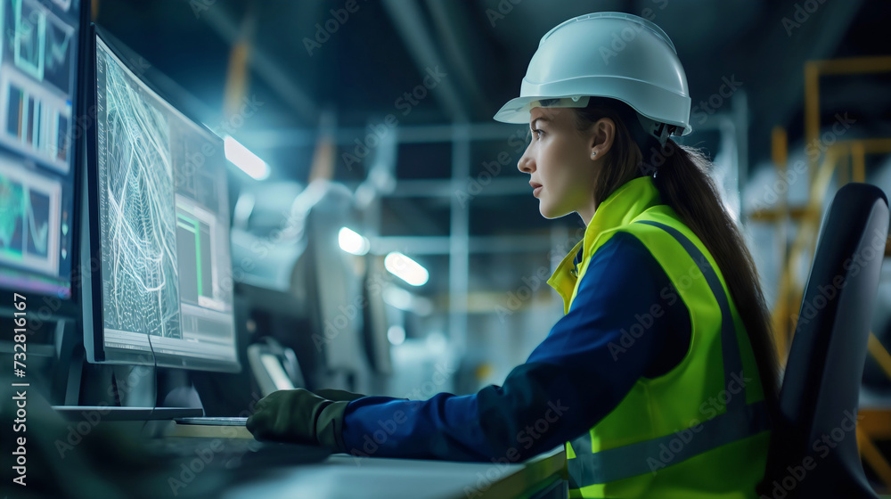 Side view of a beautiful young female engineer, woman wearing green vest with uniform and white helmet, sitting in an office and looking at the computer screen. Drawing project development in software Side view of a beautiful young female engineer, woman wearing green vest with uniform and white helmet, sitting in an office and looking at the computer screen. Drawing project development in software