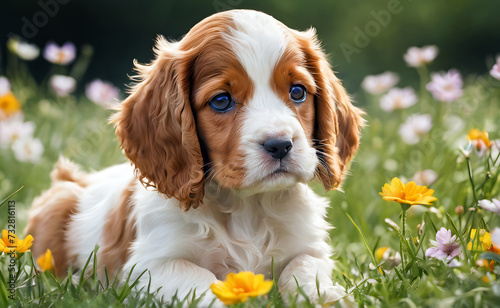  Spaniel puppy in the grass among flowers photo