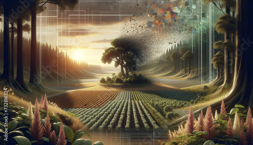 Futuristic agroforestry landscape with digital disintegration and tranquil geometric patterns. photo