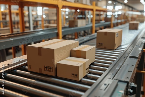 Conveyor belt movement of packages. e-commerce and logistics efficiency in a fulfillment center Showcasing automation and streamlined operations © Bijac