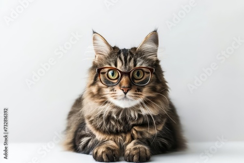 Cute cat in glasses Scholarly and smart White background Humorous and adorable
