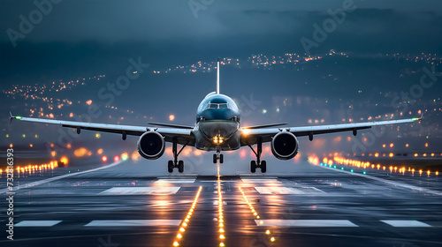 Airplane departure from the ground, flying up in the air on an airport during the evening or night, front view photography. Commercial aircraft flight transport, takeoff or landing