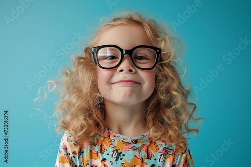 Curly blond girl with big eyeglasses. youthful energy and playful spirit Isolated on a blue background