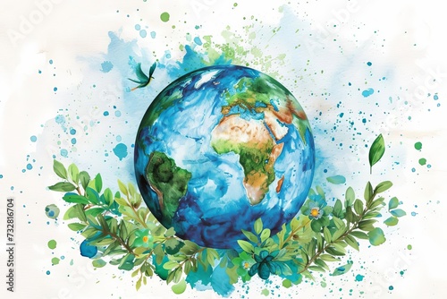 Green earth concept with watercolor art. hand-drawn depiction of a vibrant Sustainable planet