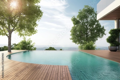 Luxurious outdoor living space. elegant design with a wooden deck and swimming pool Perfect for relaxation and entertainment © Bijac