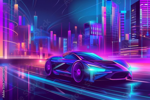 Retro-futuristic car cruising through a neon-lit city Synthwave vibes Purple and blue palette