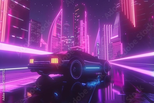 Retro-futuristic car cruising through a neon-lit city Synthwave vibes Purple and blue palette