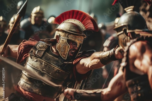 Roman gladiator battle Intense combat scene Historical reenactment Strength and strategy © Bijac