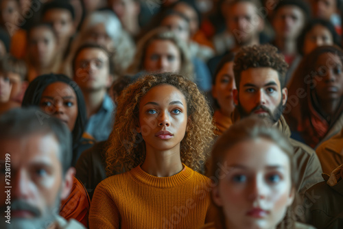 An unplanned photo of a multicultural audience at a cultural event, reflecting shared interests and diversity. Concept of cultural events and diverse participation. Generative Ai.