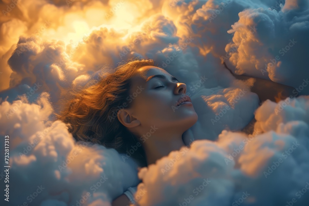 Woman sleeping Dreamy cloud bed Relaxation and comfort Peaceful rest