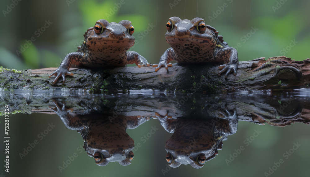 Two salamanders rest on a moss-covered log, their detailed reflections mirrored perfectly in the still water beneath them Two salamanders rest on a moss-covered log, their detailed reflections mirrored perfectly in the still water beneath them