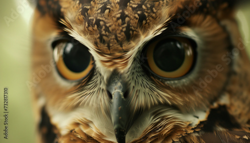 An intense close-up of an owl's face shows its piercing gaze and intricate feather patterns, embodying the silent vigilance of a nocturnal predator photo