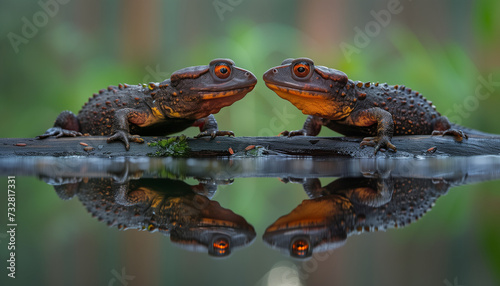Two orange-eyed newts face each other on a damp log, their vivid reflection in the water below creating a symmetrical image in their tranquil woodland habitat