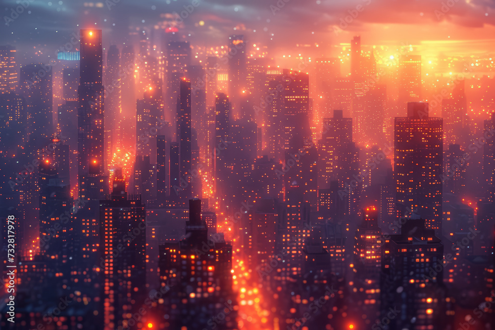 A film shot of an urban skyline at dusk, with the warm tones adding a vintage feel to the city lights. Concept of urban beauty seen through the warmth of film. Generative Ai.