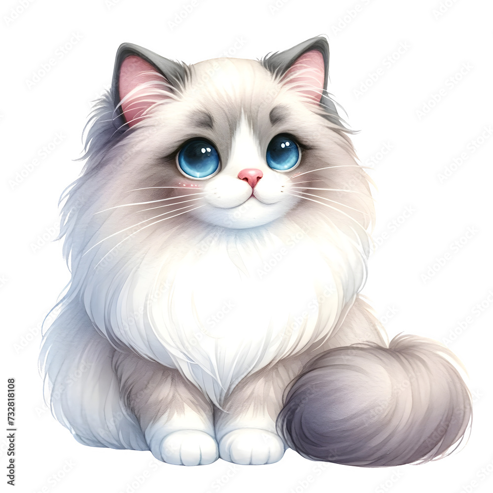 Cute isloated  watercolor cat breed clipart of Ragdoll cat