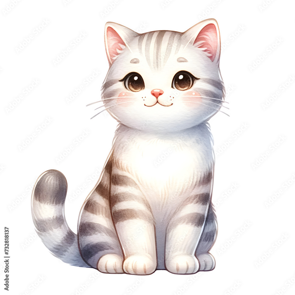Fototapeta premium Cute isloated watercolor cat breed clipart of American Bobtail cat
