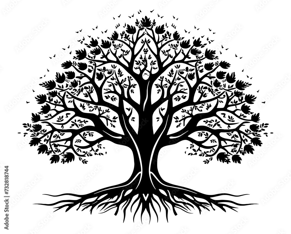 A black vector design of a big blooming tree showcasing its intricate root structure, against white background 