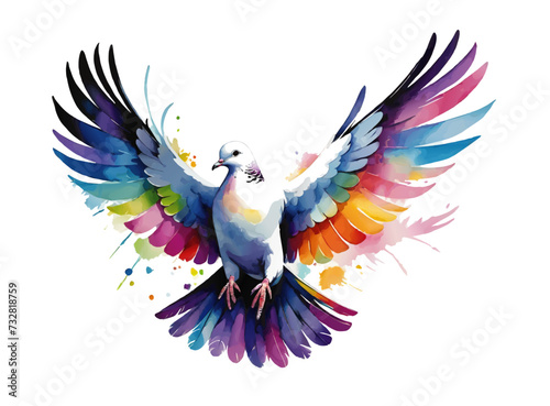 A vibrant dove bird soars through the air  showcasing its colourful feathers as it spreads its wings wide. Against white background 