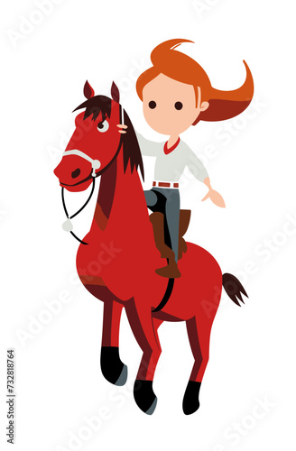 Girl riding: A young girl confidently rides atop a spirited red horse. Cartoon illustration against white background 