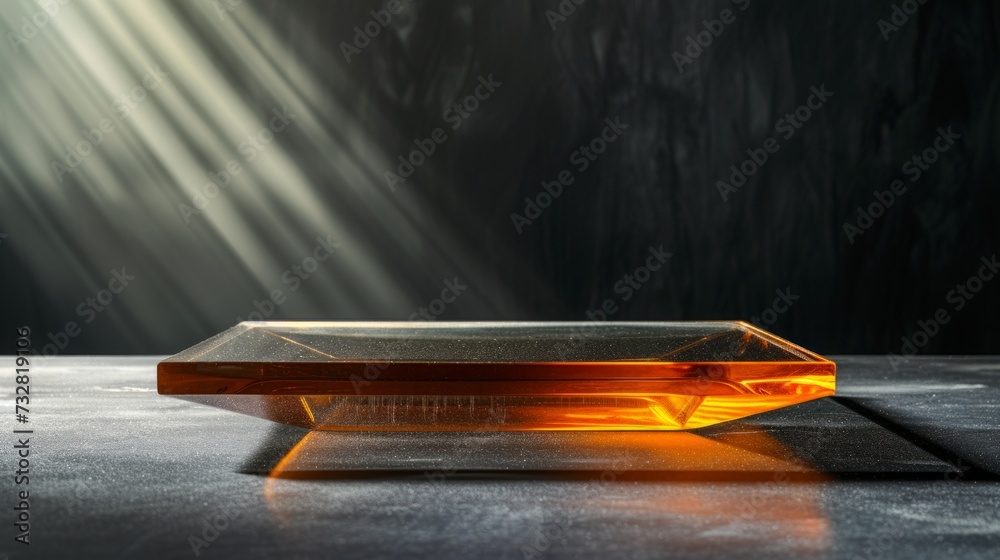 Dark background with golden yellow clear glass base. Suitable for product display The set was enhanced with spotlights and studio lights. with realistic shadows and Helps add depth and realism.
