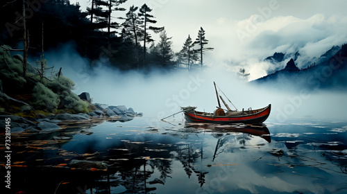 Fishing boat on the lake in the morning with fog and reflection. Generative AI technology.